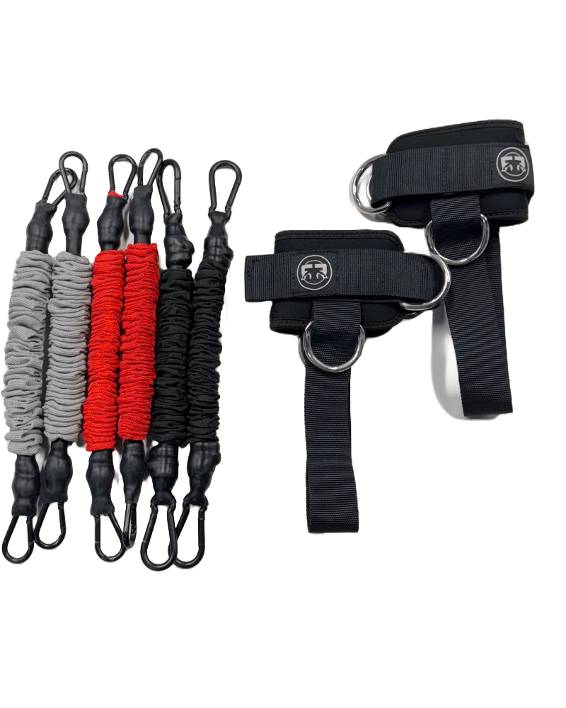 Shorty Superset set of 6 resistance bands in a snap-proof casing with ankle straps for effective workouts.