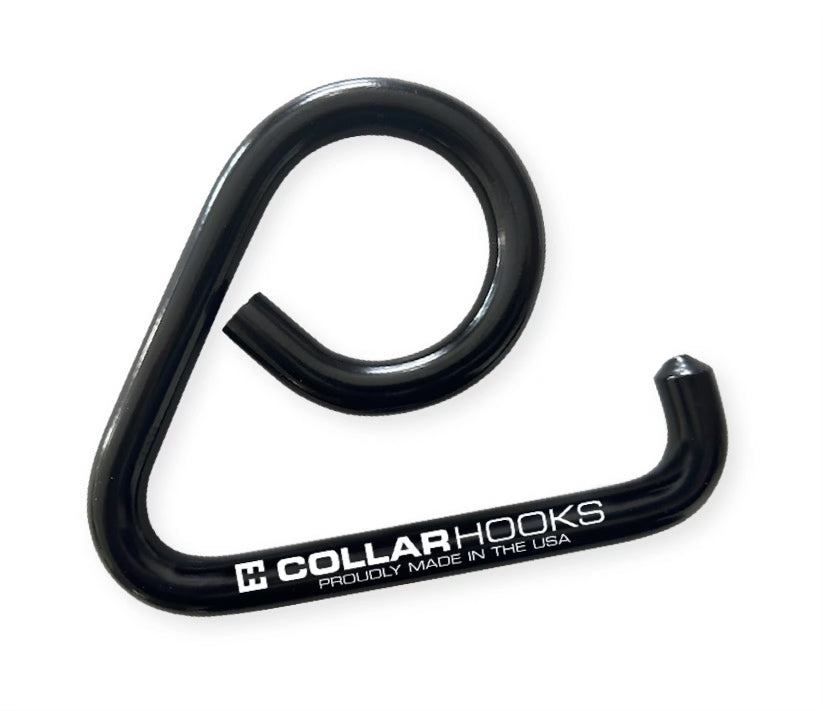 Black metal hook labeled "Collar Hooks – Proudly Made in the USA," designed for securely holding barbell collars or gym accessories.