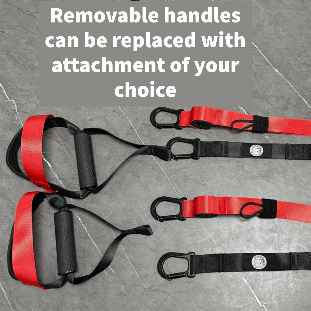 Removable resistance band handles with carabiner clips displayed on a gray surface, showing modular attachment options for personalized training