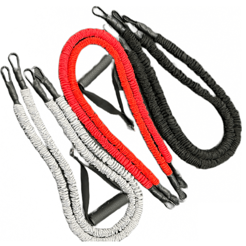 Various resistance bands in red, black, and gray, showcasing quality and versatility for effective workouts.