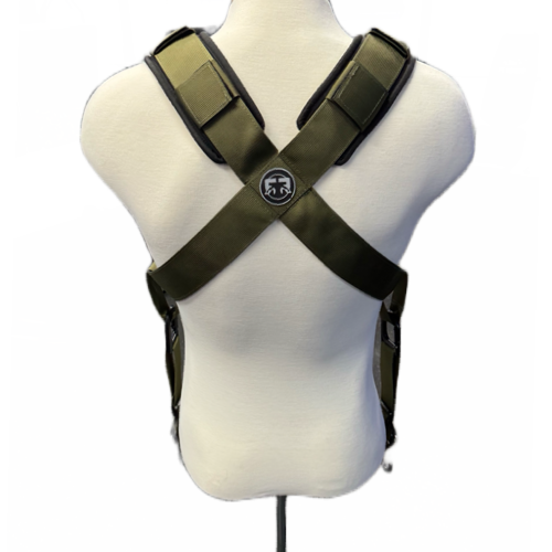 Back view of green squat harness on mannequin, showcasing cross-back design with padded straps and centered logo patch.