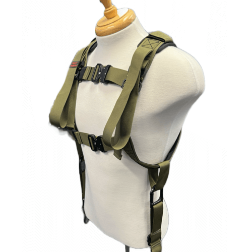 Squat Harness Premium Adjustable V3 displayed on a mannequin, featuring adjustable straps and buckles for leg workouts.