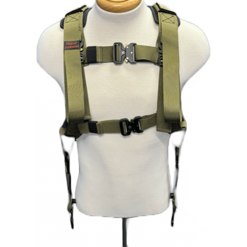 Front view of green squat harness on mannequin, featuring adjustable front buckles and labeled chest strap.