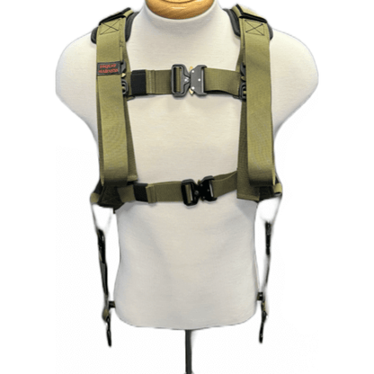 Front view of green squat harness on mannequin, featuring adjustable front buckles and labeled chest strap.