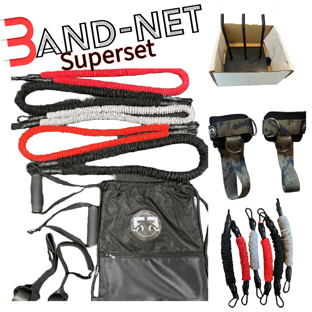 Band-Net Superset Bundle with resistance bands, handles, door anchors, ankle straps, tote bag, and magnet hanger hooks for home gym fitness workouts