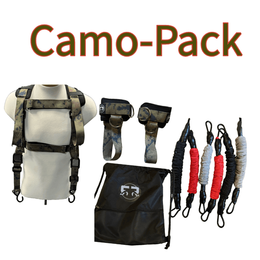 Camo-Pack featuring squat harness, resistance bands, leg press belt, and carrying bag for effective home gym exercises and fitness.