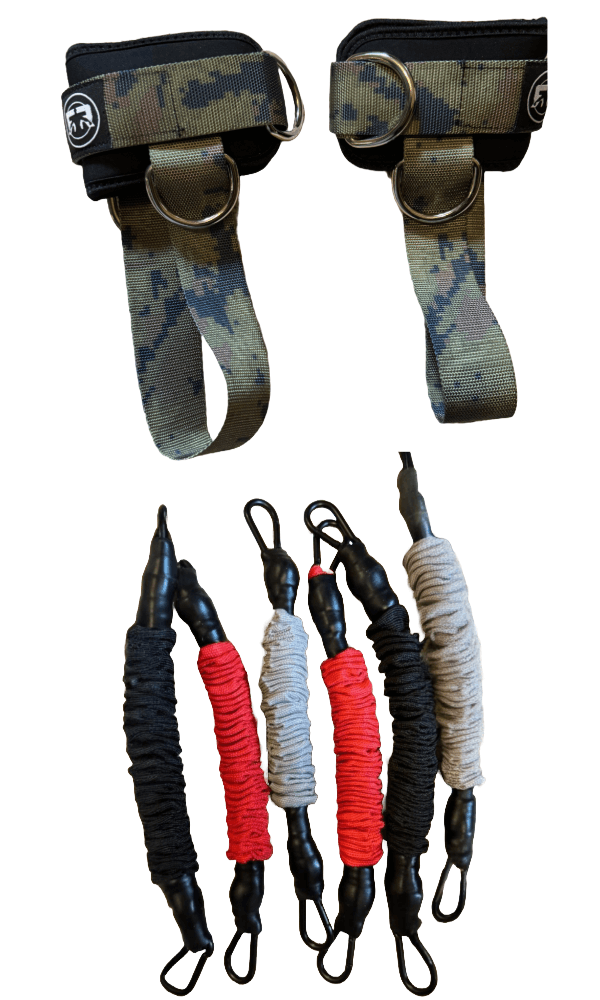 Resistance bands set with camo ankle straps and multi-colored full-length bands for squat, deadlift, fitness, and home gym exercises.